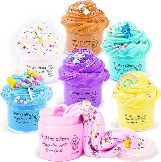 Ammy Glow jumbo butter slime kit for kids, featuring colorful slimes, charms, sprinkles, storage box, non-toxic and non-sticky.