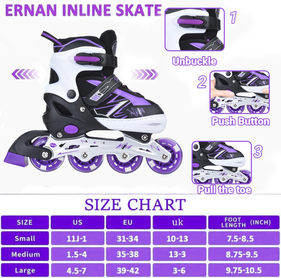 ERNAN adjustable kids inline skates in purple with light-up wheels, suitable for boys and girls, perfect for beginners.