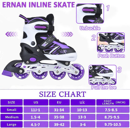 ERNAN adjustable kids inline skates in purple with light-up wheels, suitable for boys and girls, perfect for beginners.