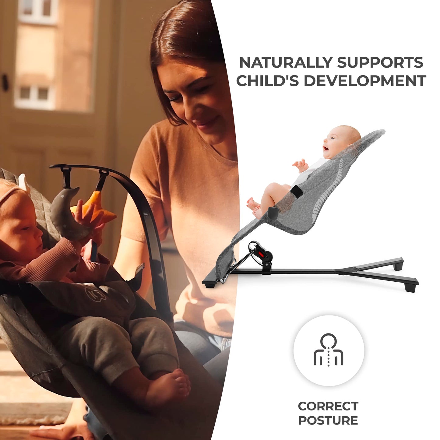 Kinderkraft Mimi baby bouncer chair for newborns up to 9 kg, with toy bar, adjustable seat, soft material, and non-slip elements in gray.