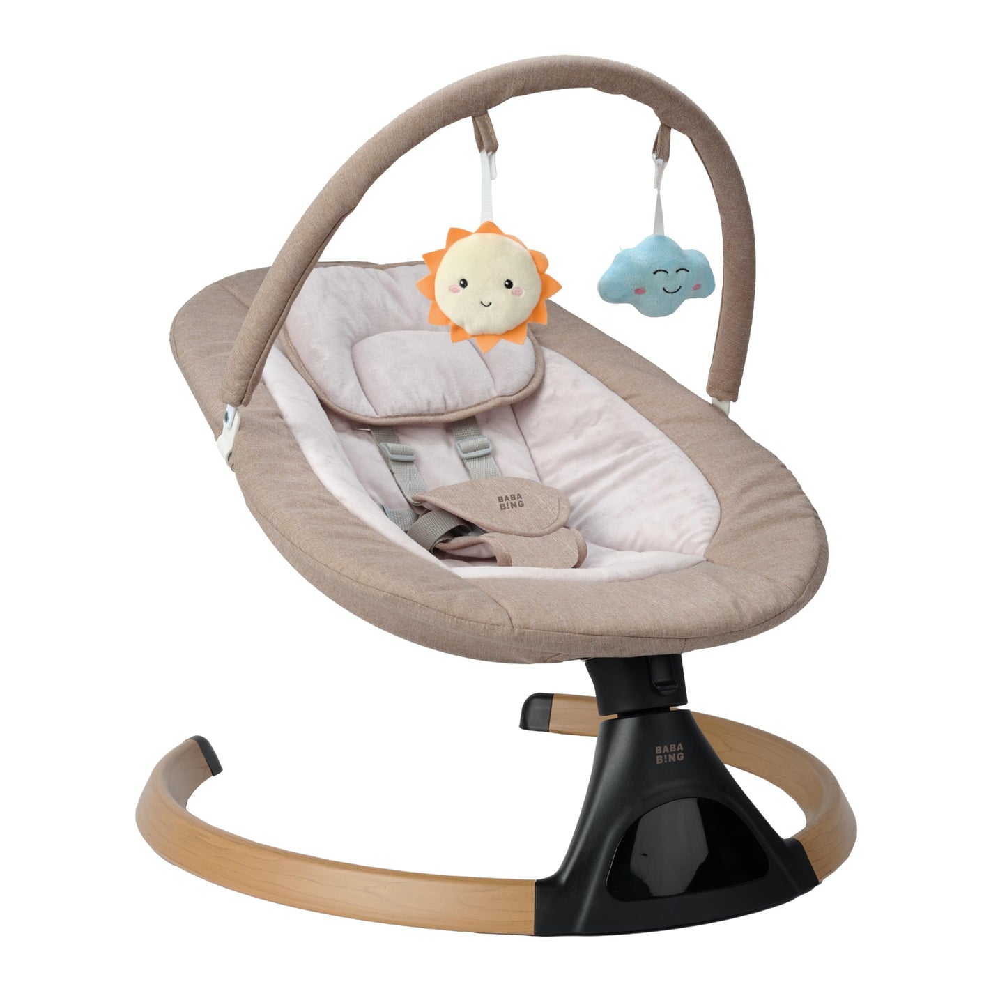 BABA BING beige electric baby swing chair with digital display and Bluetooth, lightweight design, suitable for newborns with five swinging options.