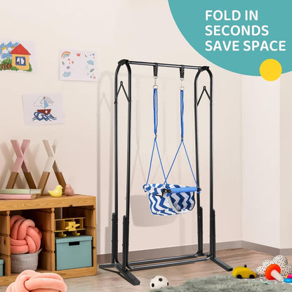 Slevoo 2-in-1 baby jumper and toddler swing set with blue foldable metal frame suitable for indoor and outdoor play, supports up to 200 lbs.