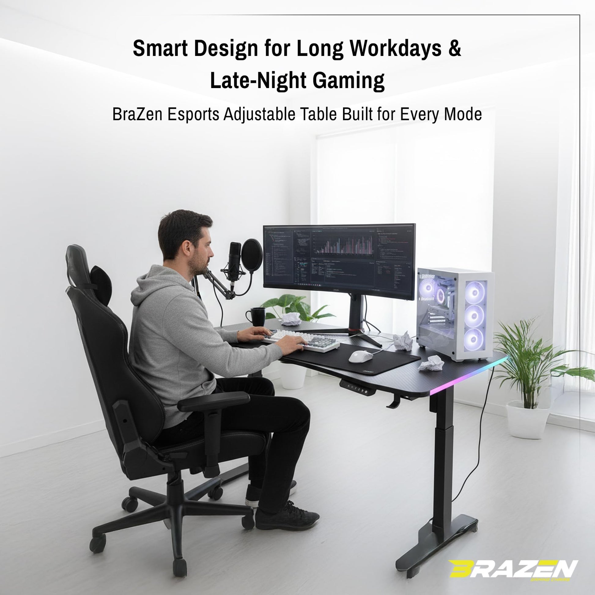 BraZen Esports Pro RGB height adjustable gaming desk with LED lights, black finish, designed for gamers and e-sports setups.
