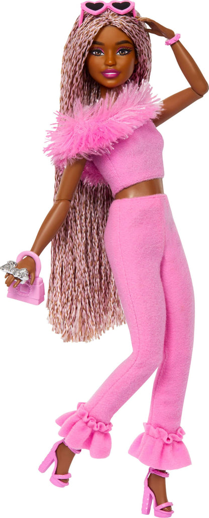 Barbie Deluxe Style Doll #4 in pink and brown braids, wearing a soft pink top with furry collar and stylish pant set.