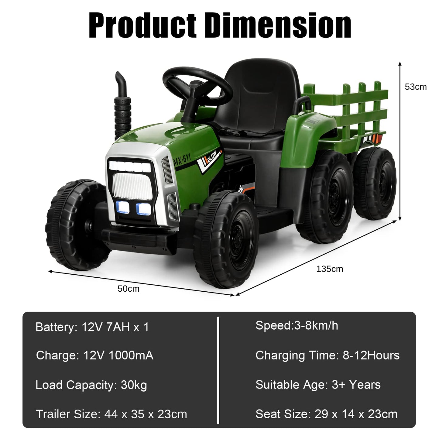 COSTWAY dark green ride-on tractor and trailer for kids, 12V electric toy with LED lights, remote control, USB, and Bluetooth music.
