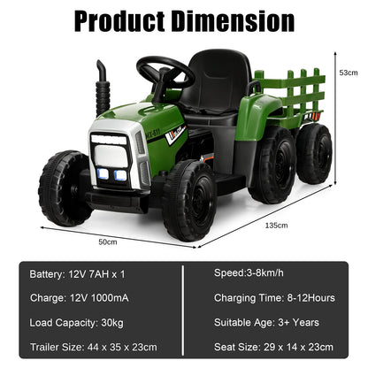 COSTWAY dark green ride-on tractor and trailer for kids, 12V electric toy with LED lights, remote control, USB, and Bluetooth music.