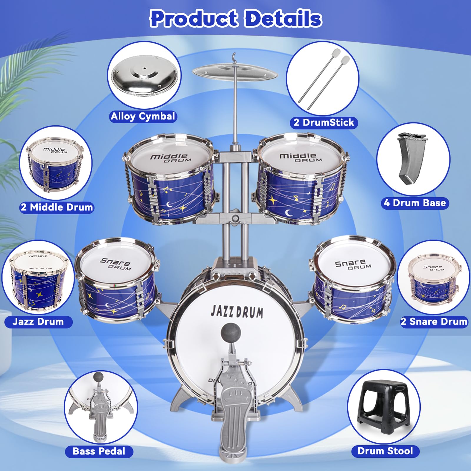 Noaideoi kids drum kit for toddlers and preschoolers, plastic percussion toy set with drums, cymbals, and drumsticks for ages 2-6.