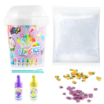 Canal Toys So Slim DIY Slime Ice Mega Cup with fragrance dyes, spoon, and decorations for crafting slime.