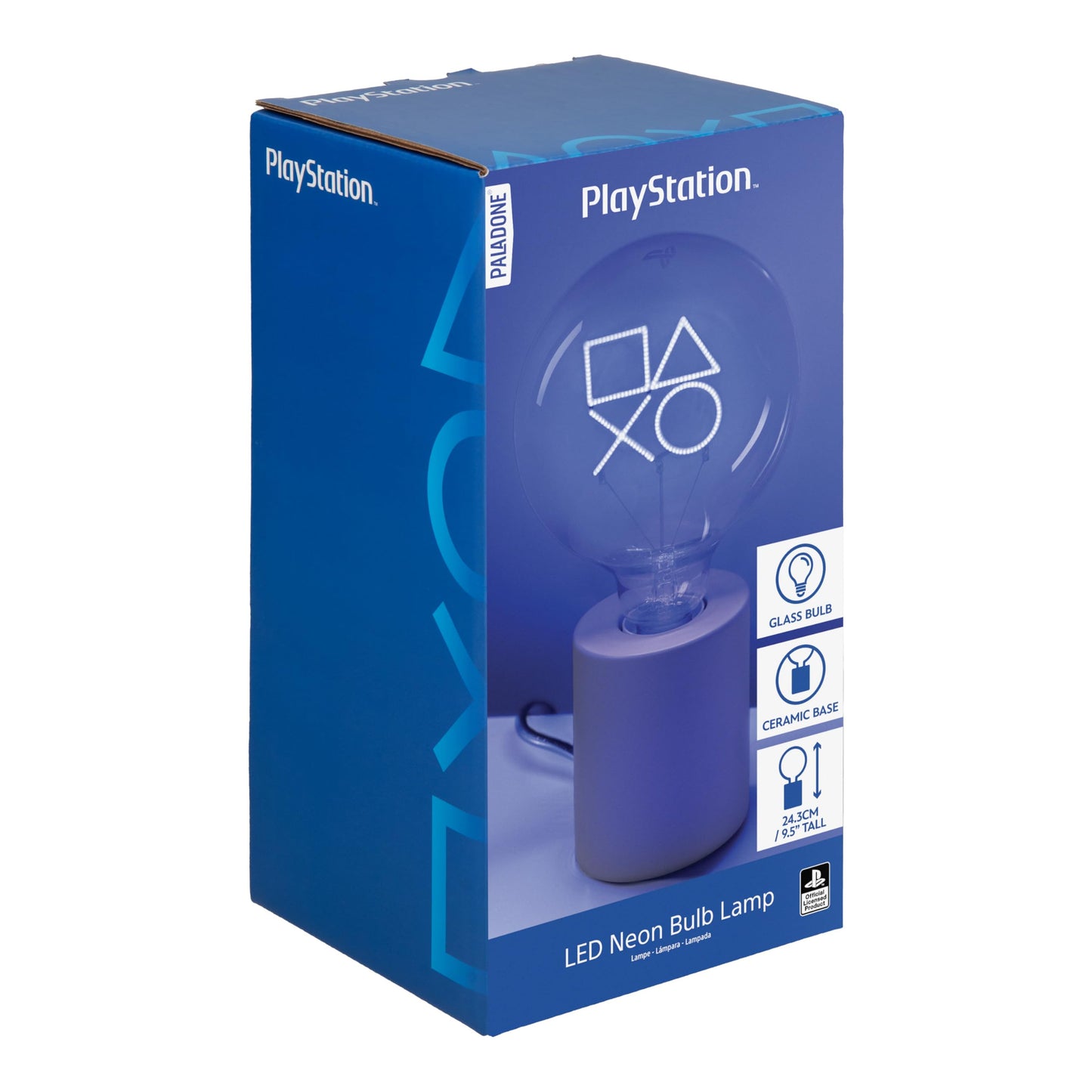 Paladone PlayStation icons LED neon bulb lamp with glass E27 bulb, ideal for gaming room or bedroom decor.