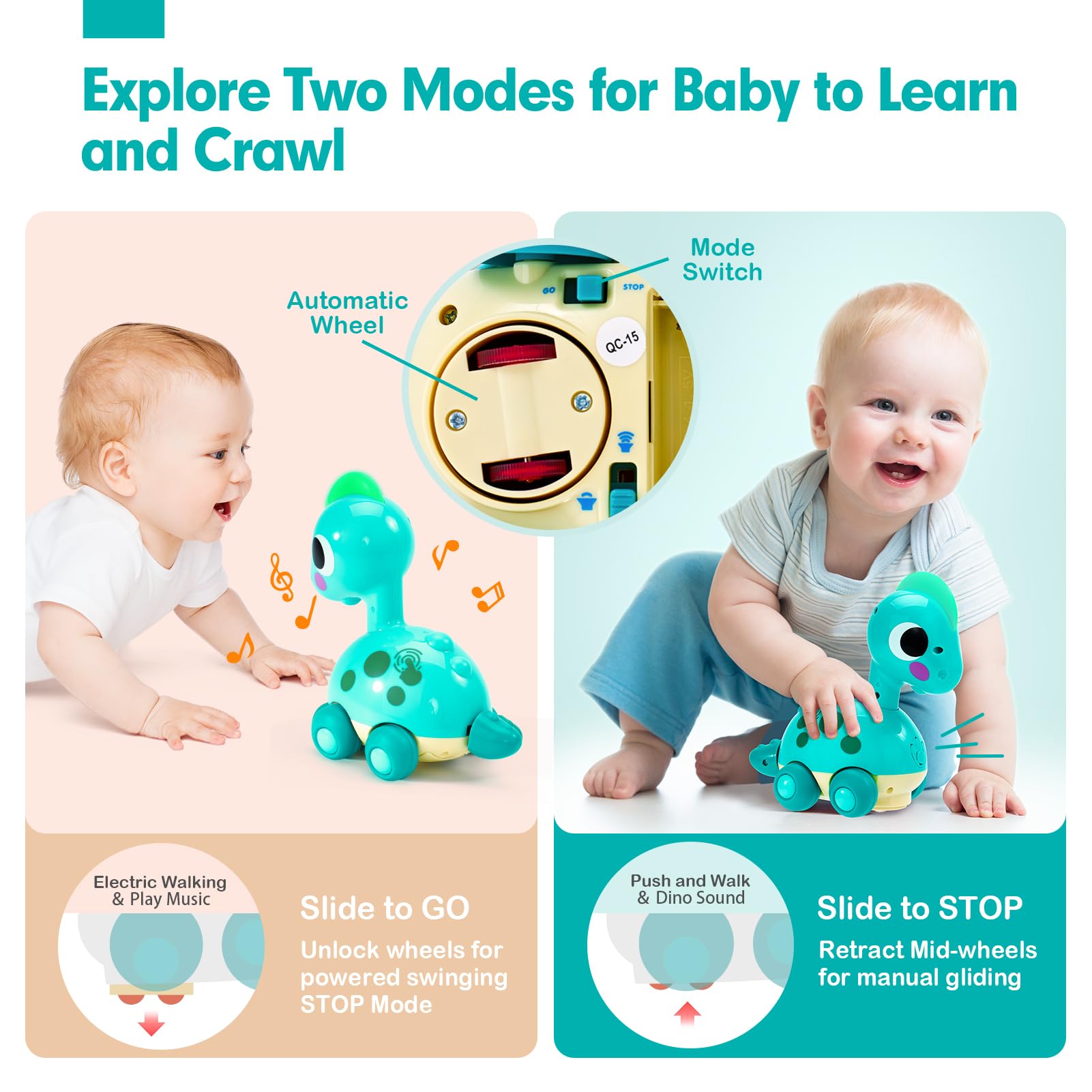 CubicFun baby crawling dinosaur toy with musical lights, sounds, and interactive features for toddlers aged 12 months and up.