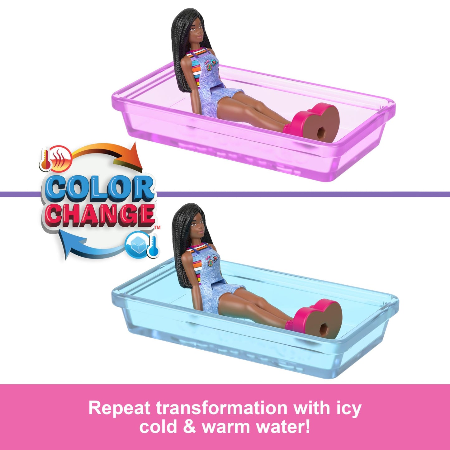 Mini BarbieLand doll and toy vehicle set with 1.5-inch Barbie doll, camper with working doors, and color-change pool for imaginative play.