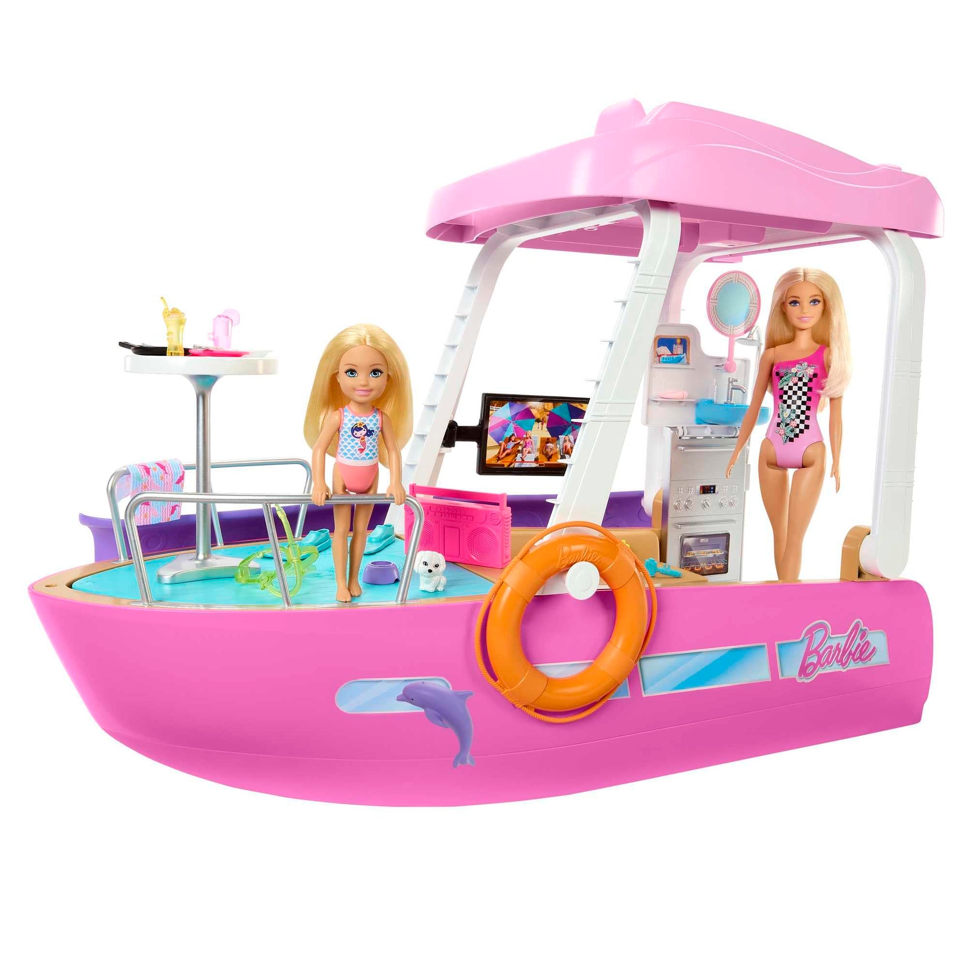 Barbie Dream Boat playset featuring a pool, slide, dolphin, and over 20 accessories for imaginative play.