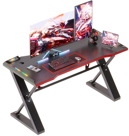 Xyphren 100 * 55 cm Gaming Desk with LED Lights, Gaming Table Thickened Z Shaped, Gamer Desk with Carbon Fiber Coated, Gaming PC Desk, Computer Desk Easy to Assemble, Carbon Fiber Black