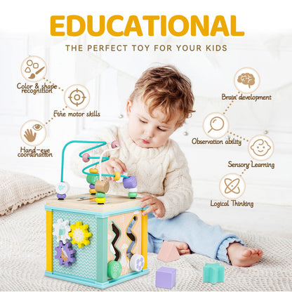 Alab Wooden Activity Cube with bead maze and shape sorter, sensory toys for 1-year-old boys and girls, Montessori educational baby toy