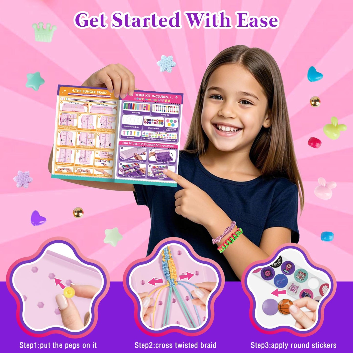 Friendship Bracelet Making Kit with Storage Box,DIY String Bracelet Arts and Craft for Girls Aged 8-12,Kids' Travel Activity Toy Set, Birthday Gifts for Ages 6 7 8 9 10 11 12 Year Old (Pink/Rose)