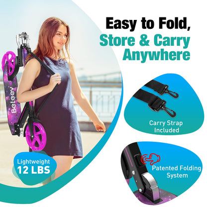 BELEEV Scooter for Kids Ages 6+, 200mm Big Wheel adult Scooters for Boys and Girls, 4 Adjustable Handlebar, Front Suspension, 2 Wheels Scooter with Carry Strap, up to 100Kg(Galaxy Purple)