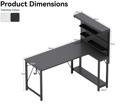 Xyphren 120*80cm L Shaped Gaming Desk with Pegboard Hutch & Shelves, Corner Gaming Desk with Power Outlet, Reversible Computer Desk with 3 Detachable Trays for Home, Bedroom, Office Workspace, Black