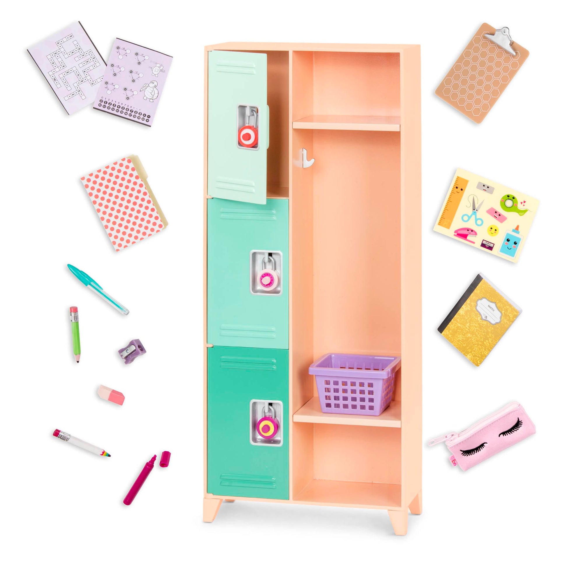 Our Generation classroom locker playset with realistic details, accessories, and stickers for 18-inch dolls.