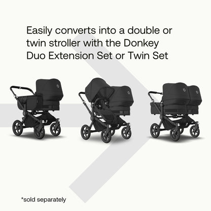 Bugaboo Donkey 5 Mono, Convertible Into Side by Side Double Stroller, Improved Design, Reversible Seat, One Hand Steering and Side Basket, Midnight Black