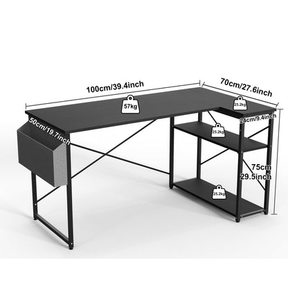 BEXEVUE L-shaped gaming desk in black with large reversible storage shelves and a 100x70 cm surface for study or work.