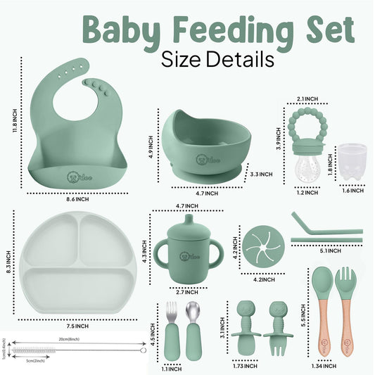 O'doe 17-Piece Baby Led Weaning Feeding Supplies for Toddlers,Baby Feeding Set | Suction Silicone Baby Bowl Self Eating Utensils with Fruit Feeder, Cup, Bibs, Food Plate Kit with Lid | Green V2