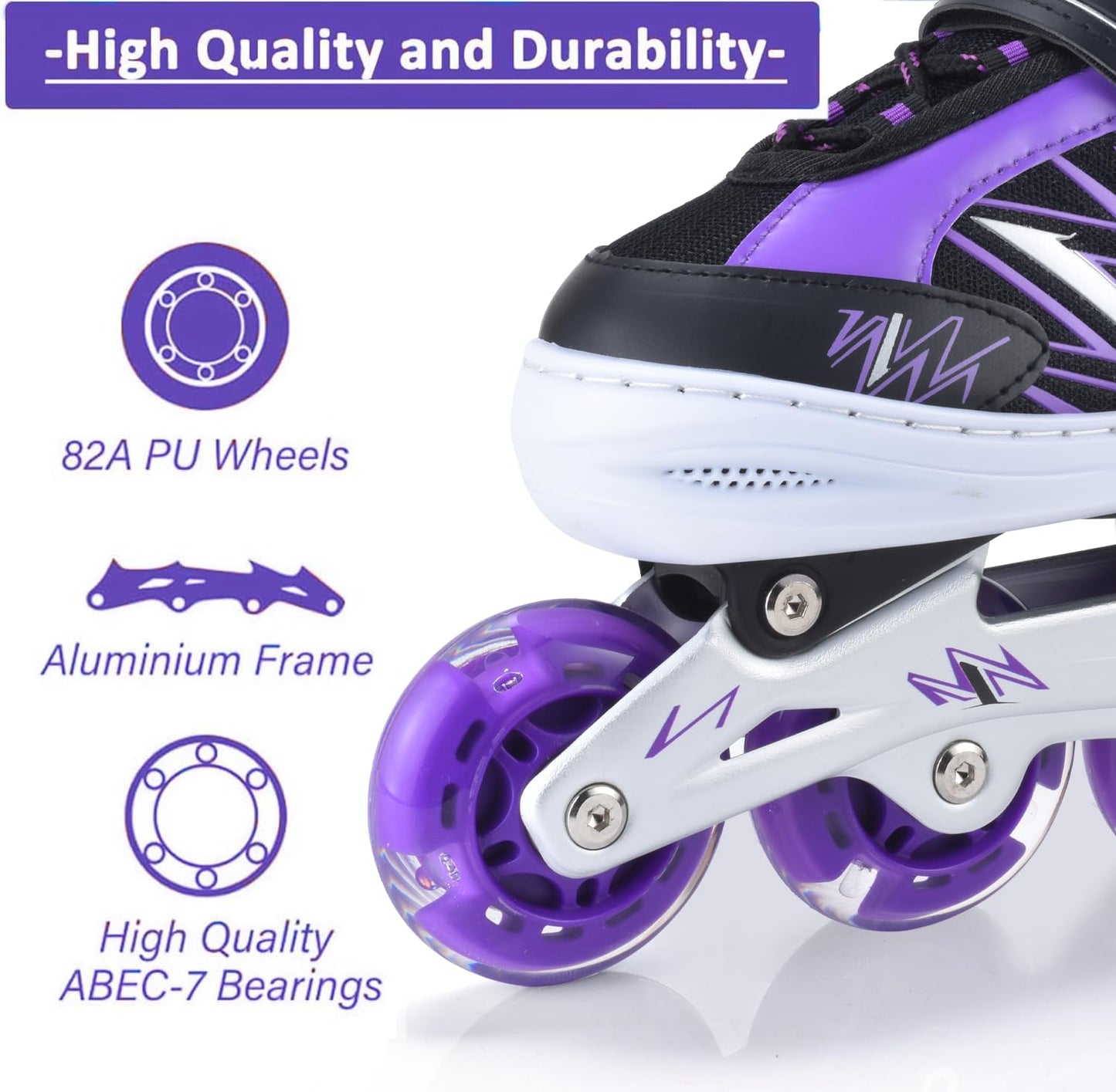 ERNAN adjustable light-up kids inline skates in purple with beginner-friendly design for boys and girls, suitable for youth.