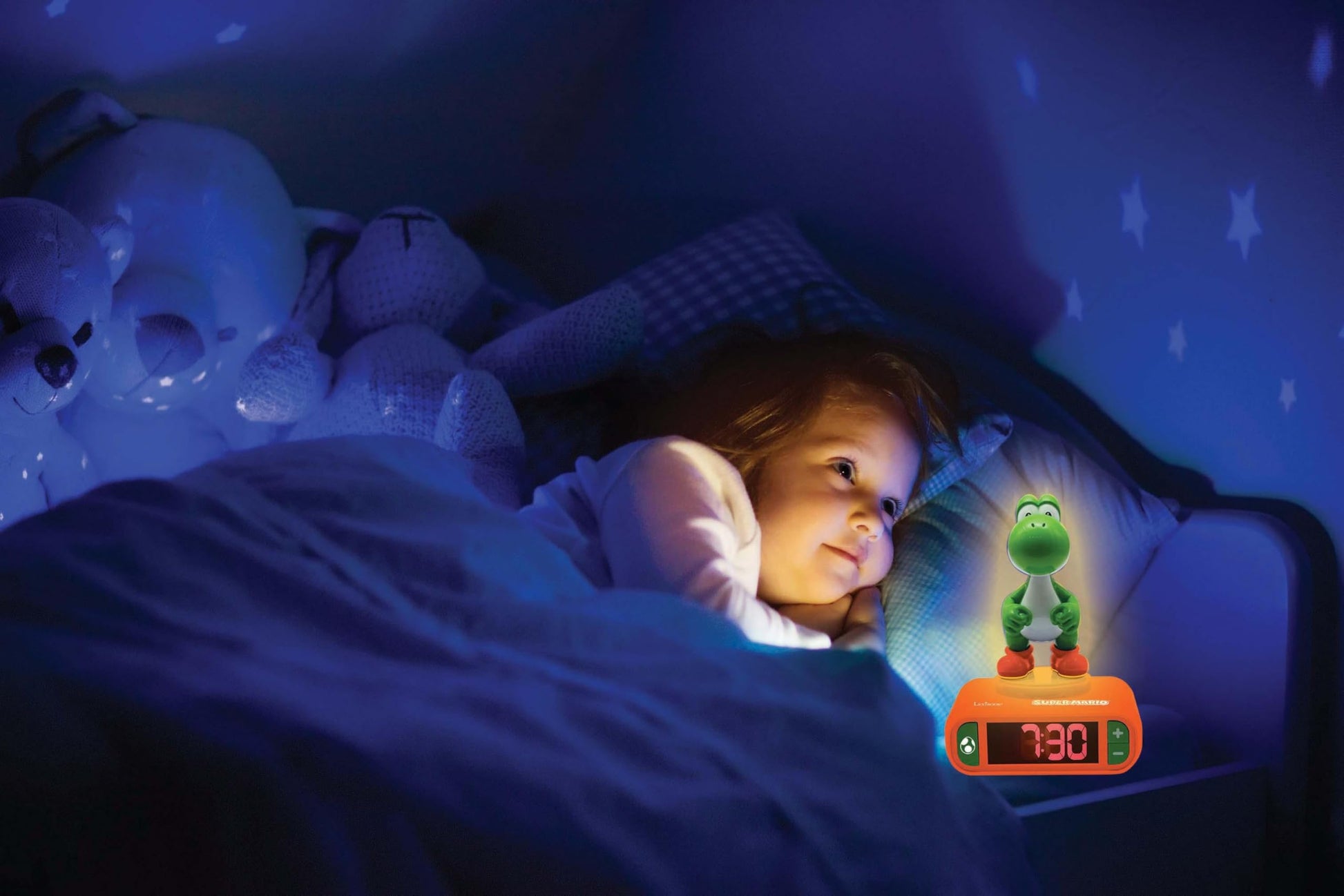 LEXIBOOK Super Mario Yoshi nightlight alarm clock with LCD backlit screen, luminous display, sound melodies, orange color, snooze feature.
