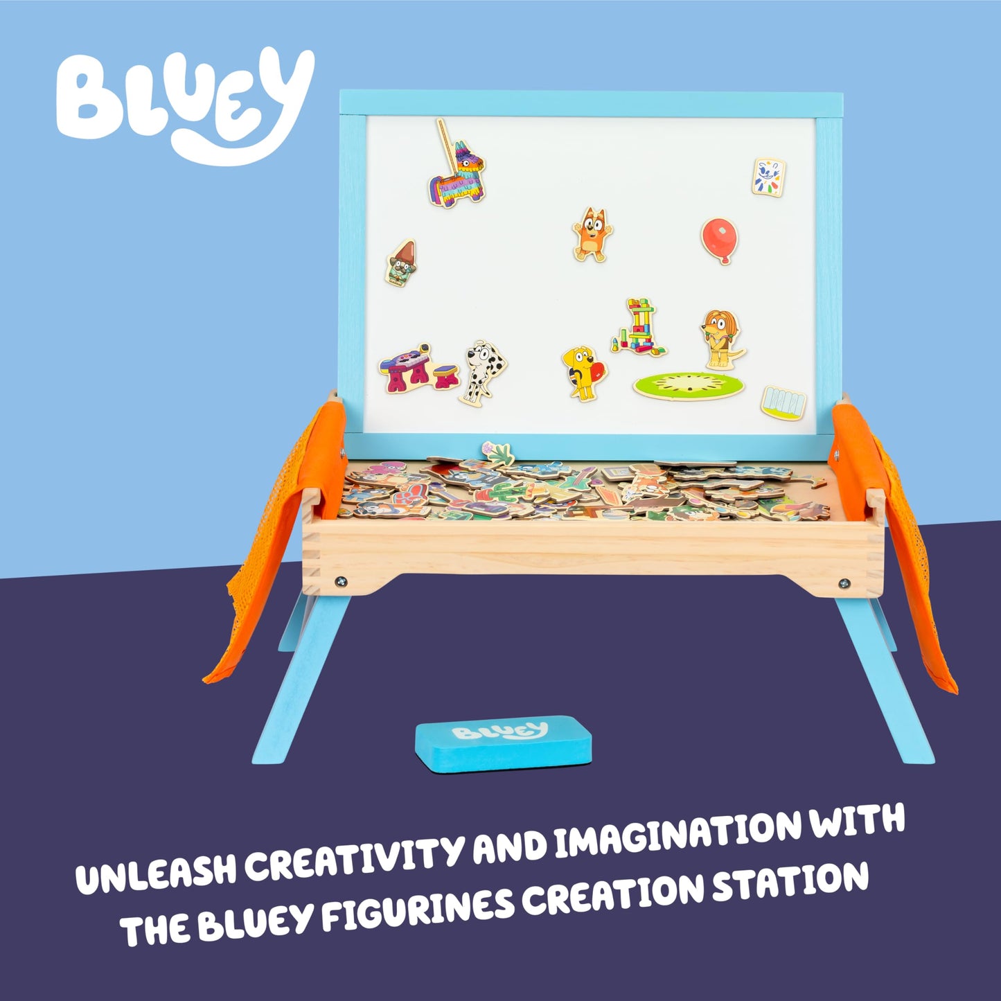 Bluey 102D Creation Station for kids featuring a magnetic whiteboard and lap tray, portable, sturdy, FSC-certified for learning and snacks.