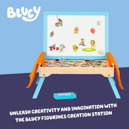 Bluey 102D Creation Station for kids featuring a magnetic whiteboard and lap tray, portable, sturdy, FSC-certified for learning and snacks.