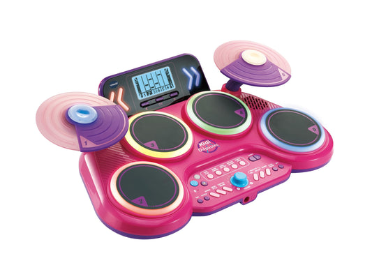 VTech Kidi DJ Drums pink electronic drum kit for kids with light-up drums, cymbals, drum sticks, Bluetooth, and coaching mode.