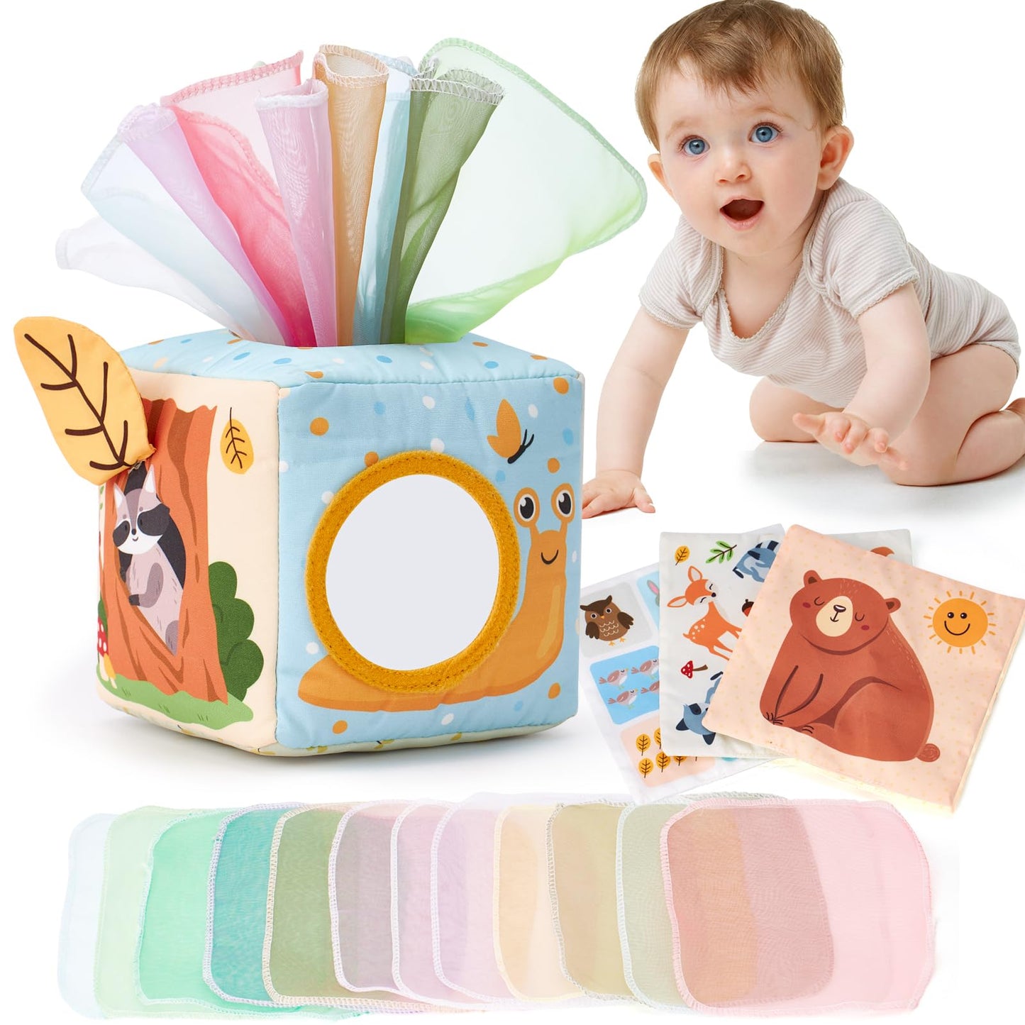 hahaland baby tissue box toy for 6-12 months, featuring colorful tissues and sensory elements for tactile play.