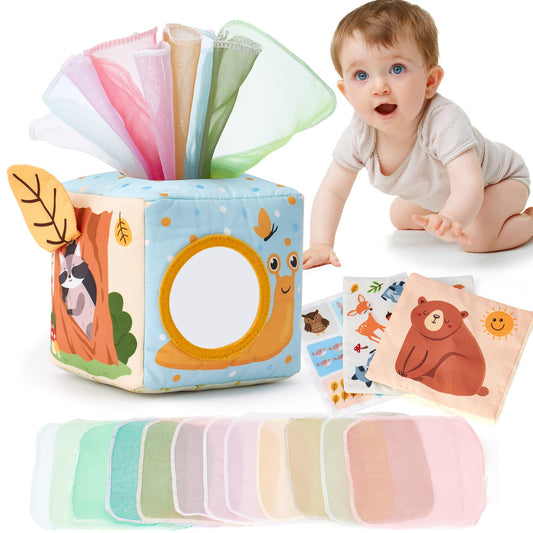 hahaland baby tissue box toy for 6-12 months, featuring colorful tissues and sensory elements for tactile play.