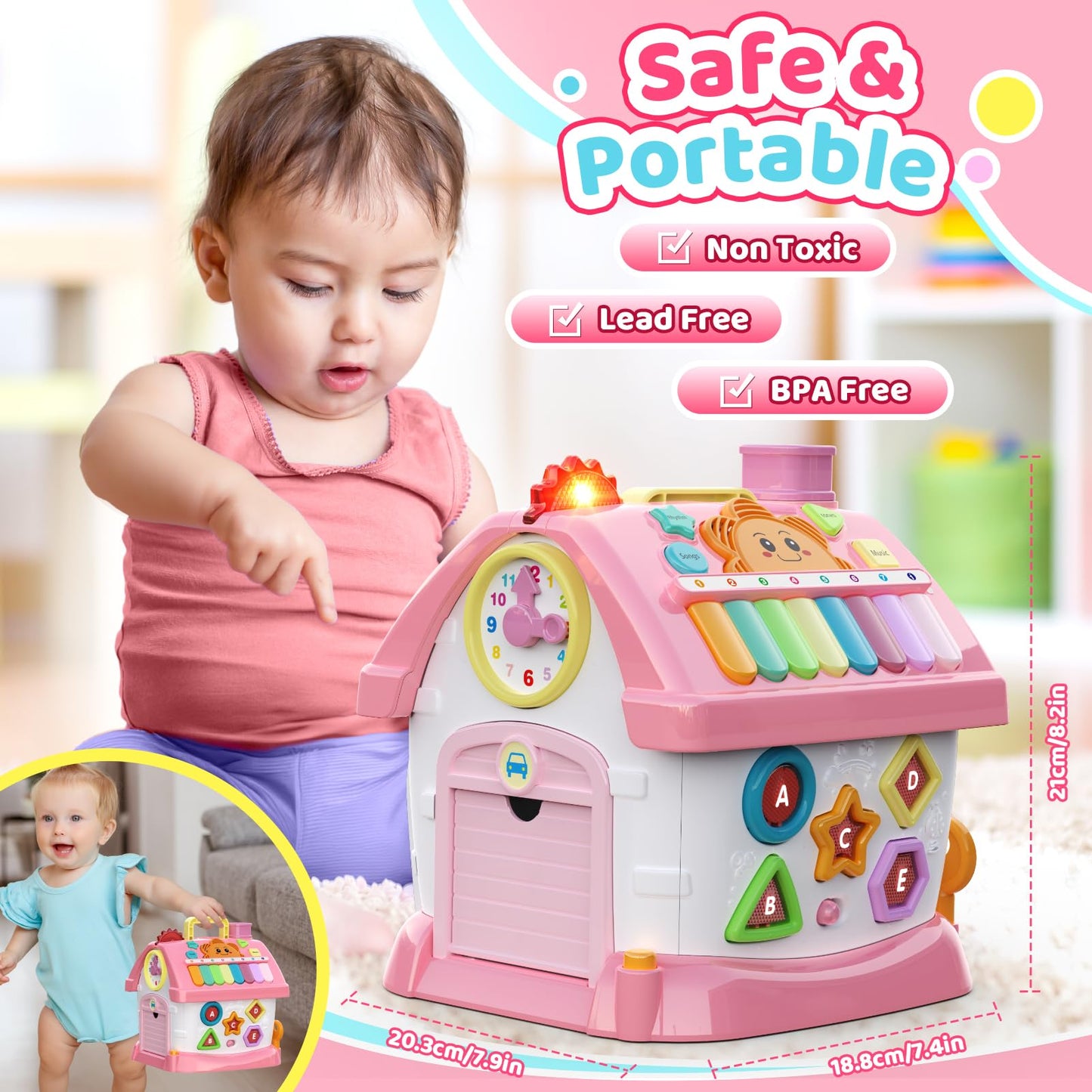 Toddler Toys for 1 2 Year Old Girls: Montessori Educational Toy for 1 Year Old, 6 in 1 Multi-Functional Activity House Baby Toys with Music/Clock/Telephone, Birthday Gifts for 1 2 Year Old Girls Kids