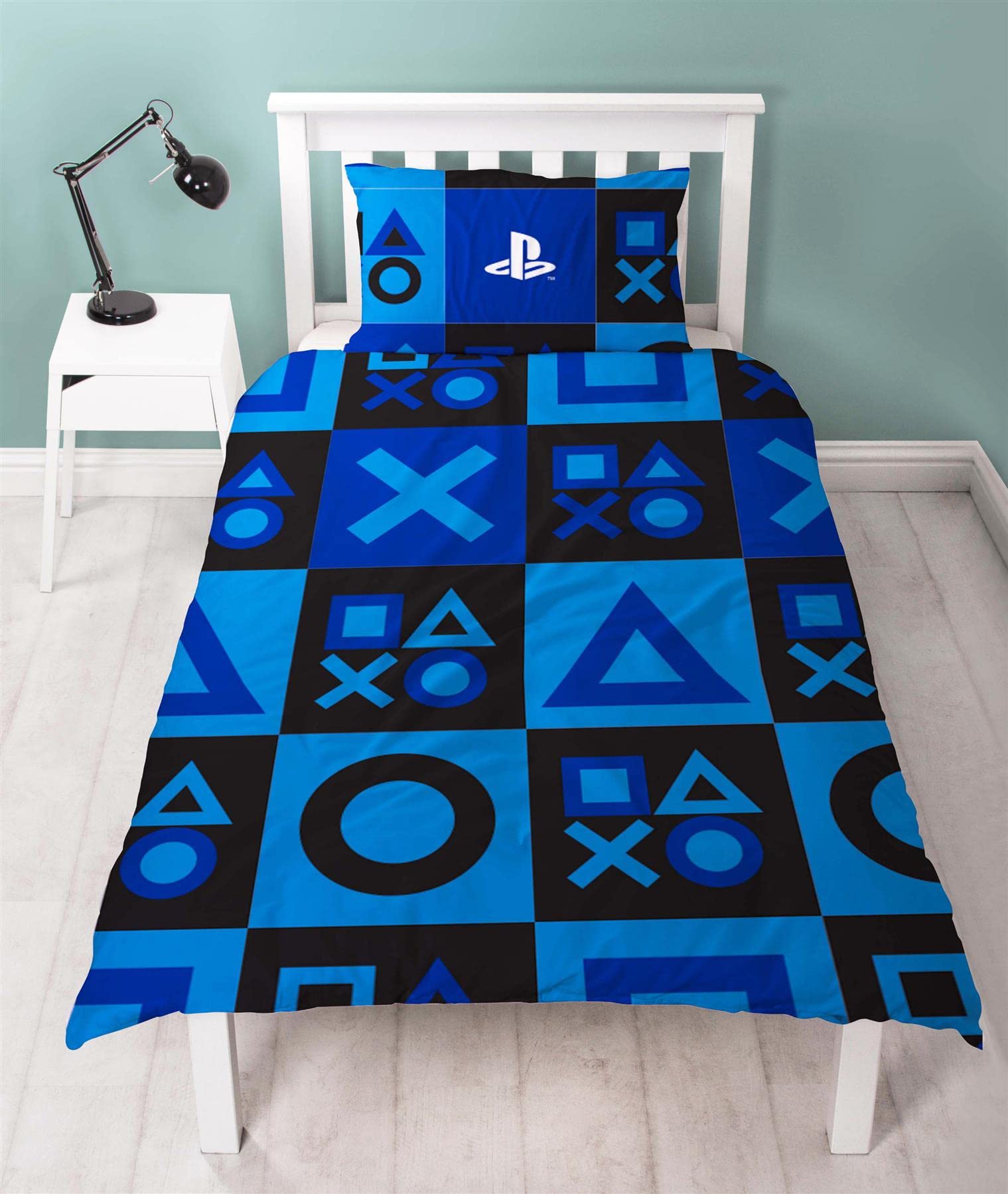 PlayStation Checks single duvet cover with controller icons design, reversible bedding set with matching pillowcase, official licensed product.