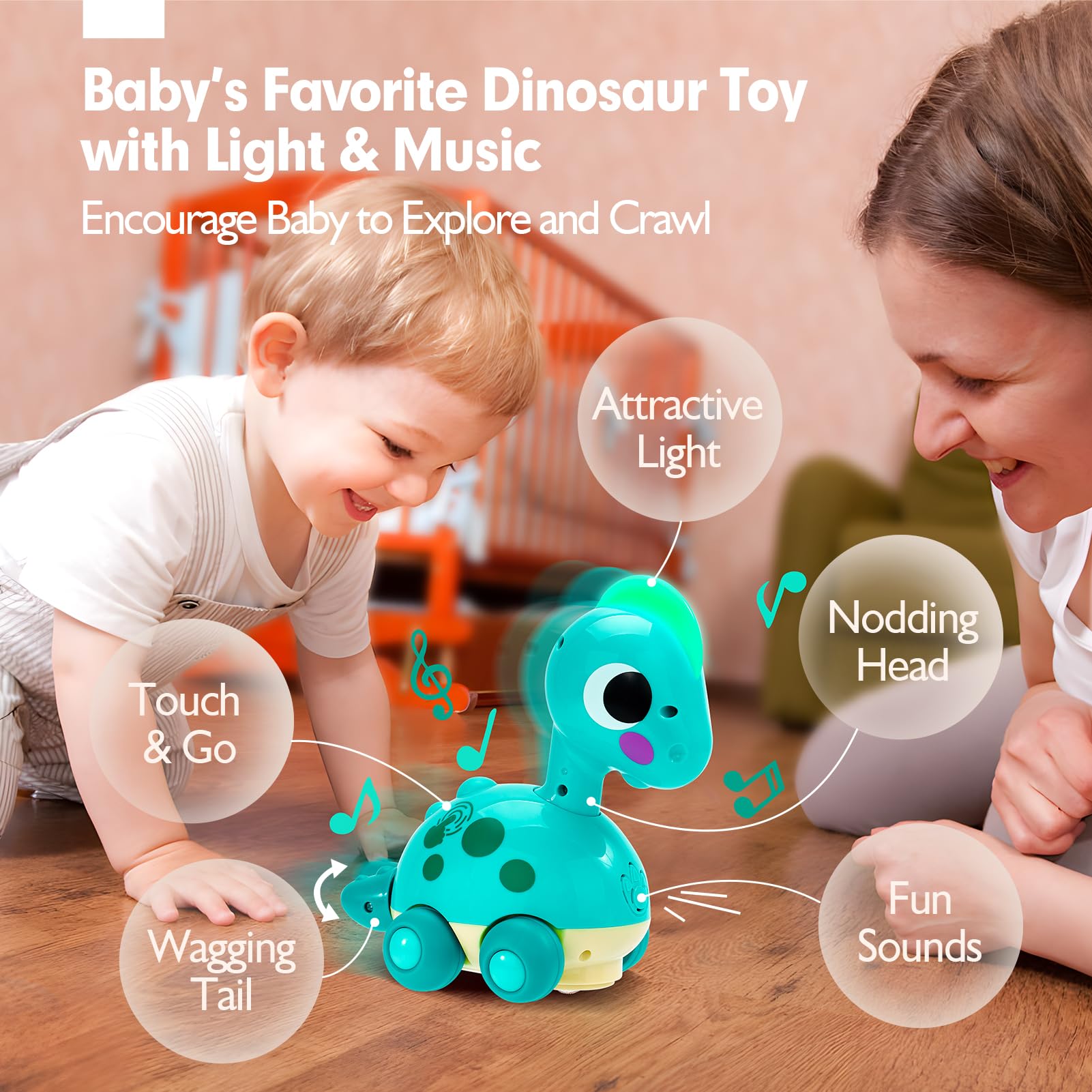 CubicFun green baby dinosaur crawling toy with musical lights, sound, and interactive features for toddlers age 12 months+
