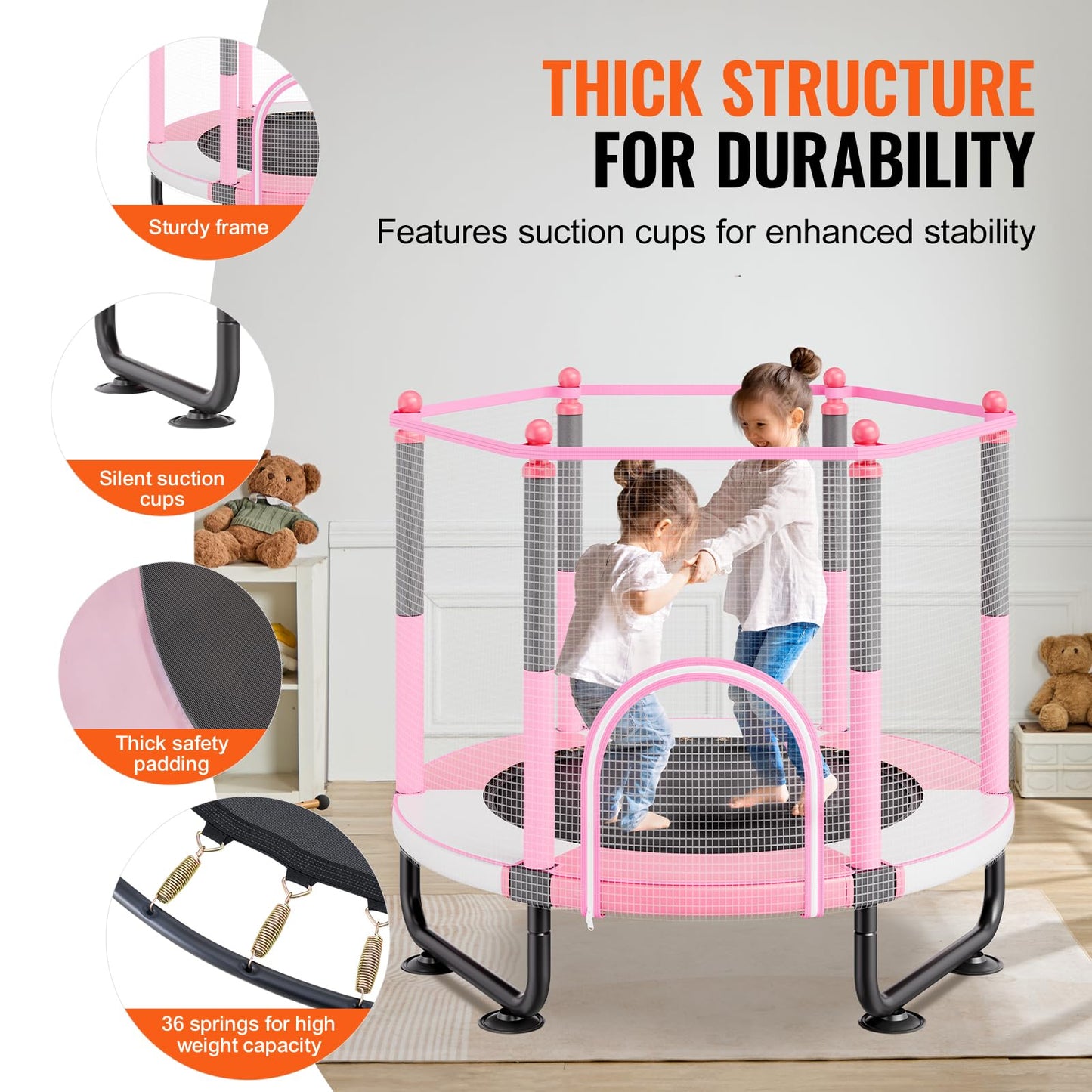 VEVOR 60" Kids Trampoline, 5FT Indoor Outdoor Trampoline, Mini Toddler Recreational Trampolinewith Safety Enclosure Net and Basketball Hoop, Birthday Gifts Christmas Toys for 3+ Years Children, Pink