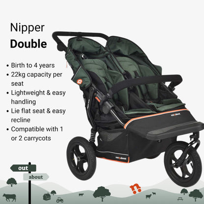 Out’n’About Nipper Double V6 Pushchair | Lightweight All-Terrain Twin Buggy with Raincover, 12” Air-Filled Wheels & Compact Fold | Side-by-Side Double Stroller for Newborn to Toddler - Sycamore Green