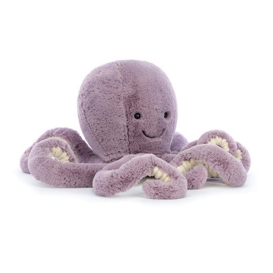 Jellycat Maya Octopus plush toy, 32 cm tall and 11 cm wide, with soft, textured tentacles and a friendly expression.