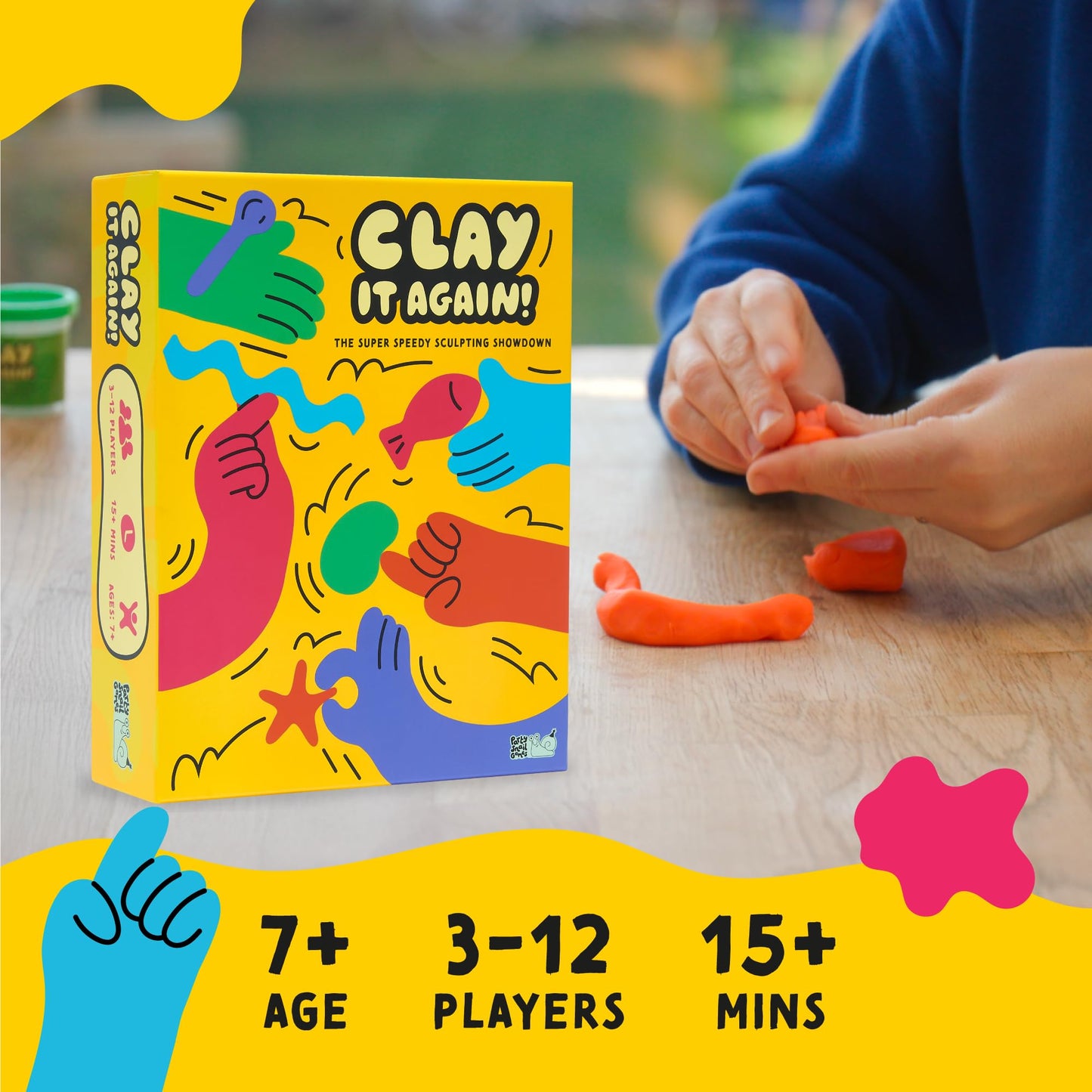 Party Snail Games Clay It Again modeling dough party game with six pots of colorful modeling clay and playful sculpting fun.