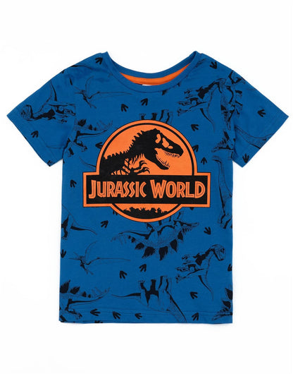 Jurassic World Boys Pyjama Set | Blue Short Sleeve T-Shirt and All Over Print Shorts PJs For Kids | Orange Logo with All Over Dinosaur Print Film Loungewear | Nightwear Pyjama Gifts for Children