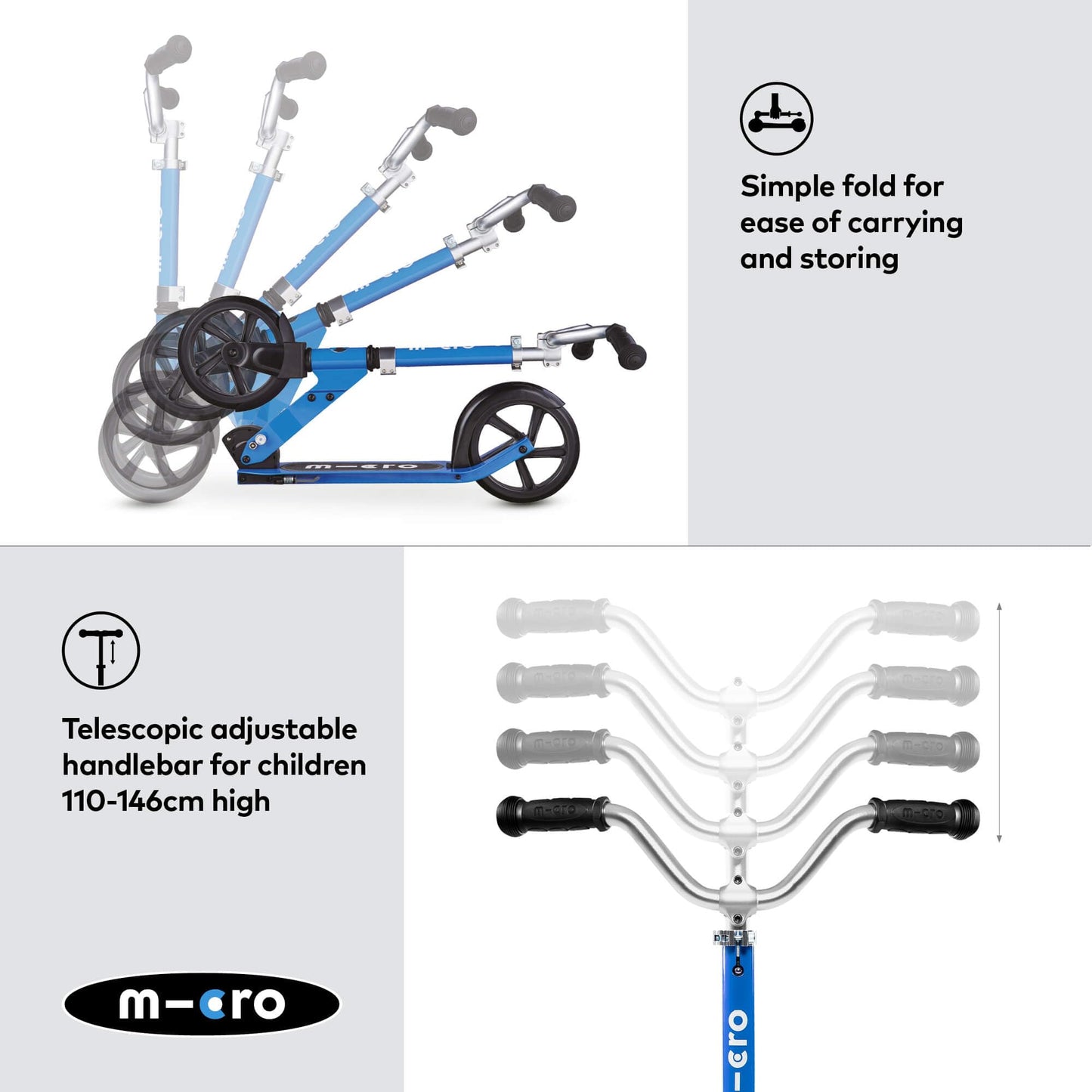 Blue Micro Cruiser children's scooter with adjustable handlebar, foldable design, and kickstand for ages 5-12.