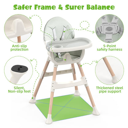 Sweetmirth 4-in-1 baby high chair with adjustable height, removable tray, green toddler chair and table for ages 6 months to 5 years.
