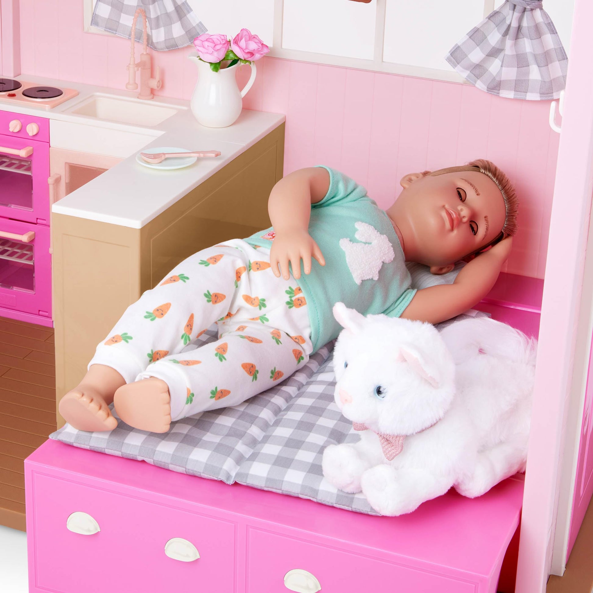 Our Generation dollhouse playset with furniture, play food, and animal sounds for 18-inch dolls in a country house setting.