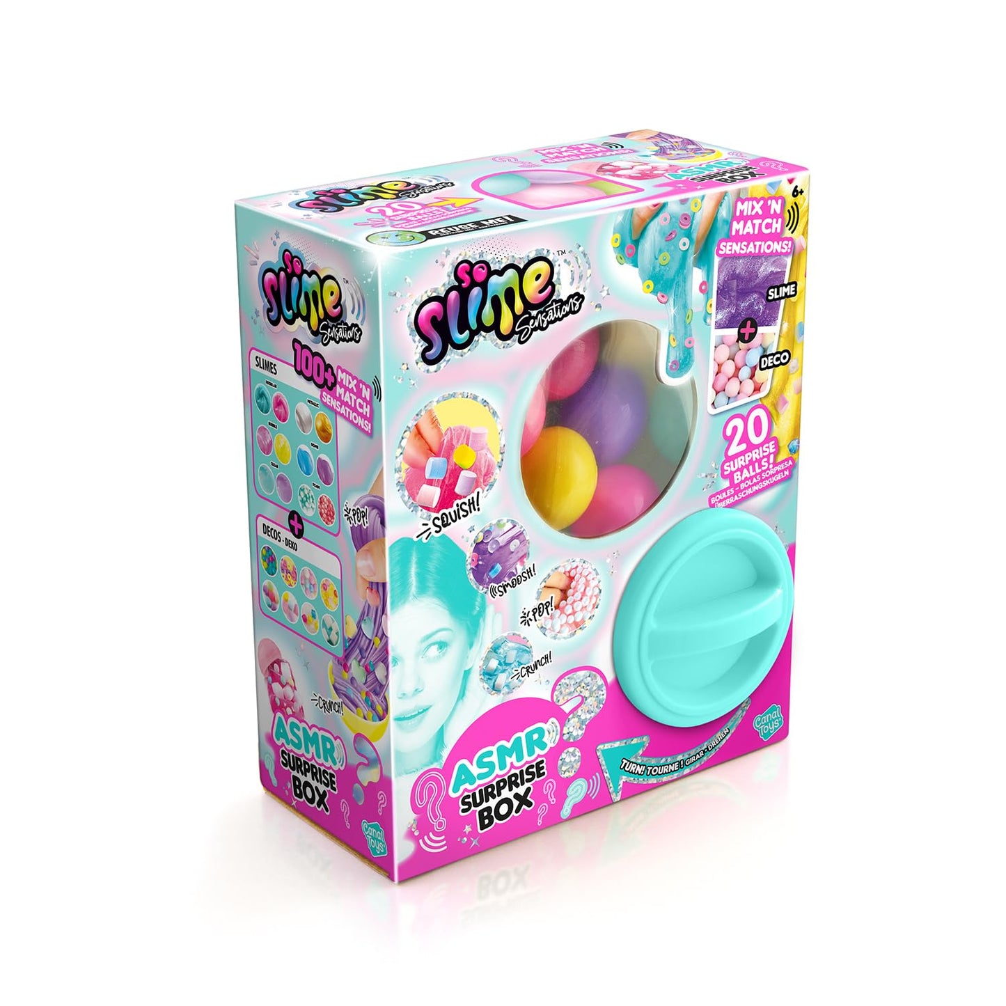 So Slime ASMR Surprise Box with 20 slime dispenser balls, colorful compounds, and decorations in vending machine packaging.