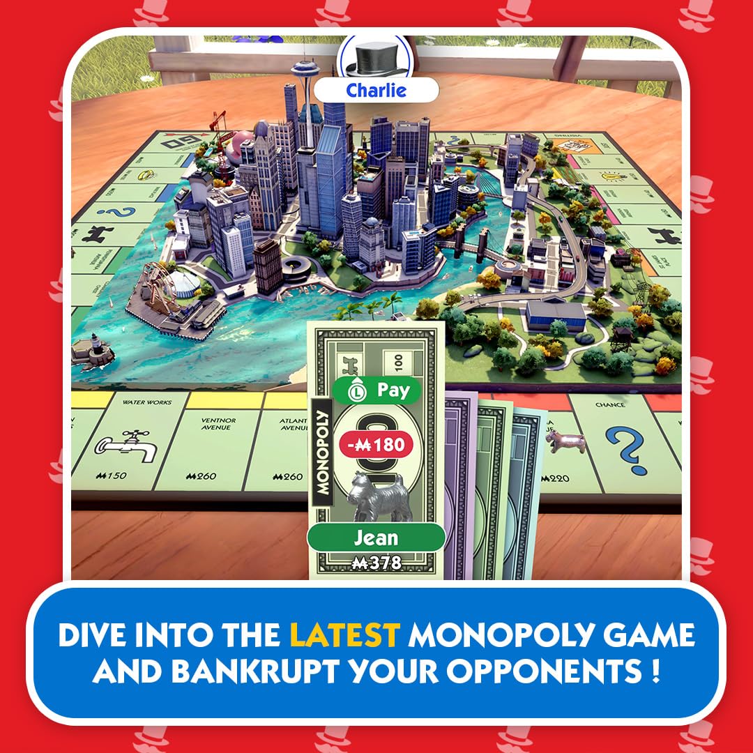 Nintendo Switch Monopoly 2024 game by Ubisoft featuring colorful game board, game pieces, and digital box art.