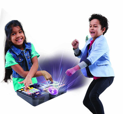 VTech Kidi DJ Mix toy DJ mixer in black with lights, buttons, and controls for kids to play with music and effects.