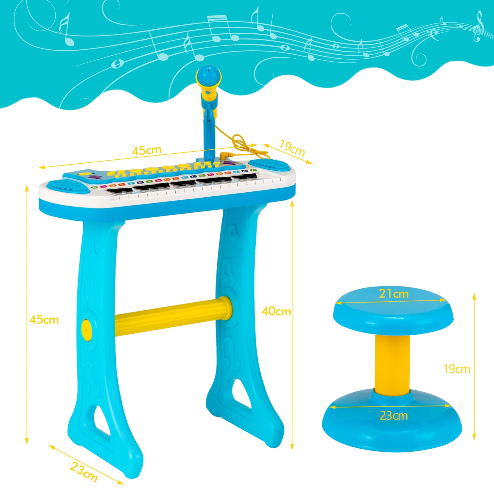 COSTWAY 31-key kids electronic keyboard with blue finish, stool, microphone, flashing lights, and recording features, ideal for children.