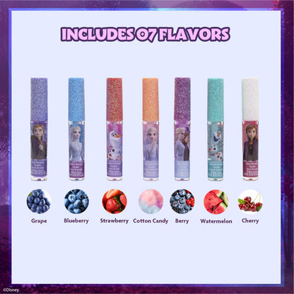Disney Frozen 7-piece lip gloss set by Townley Girl for girls, featuring colorful plant-based glosses in a fun package.