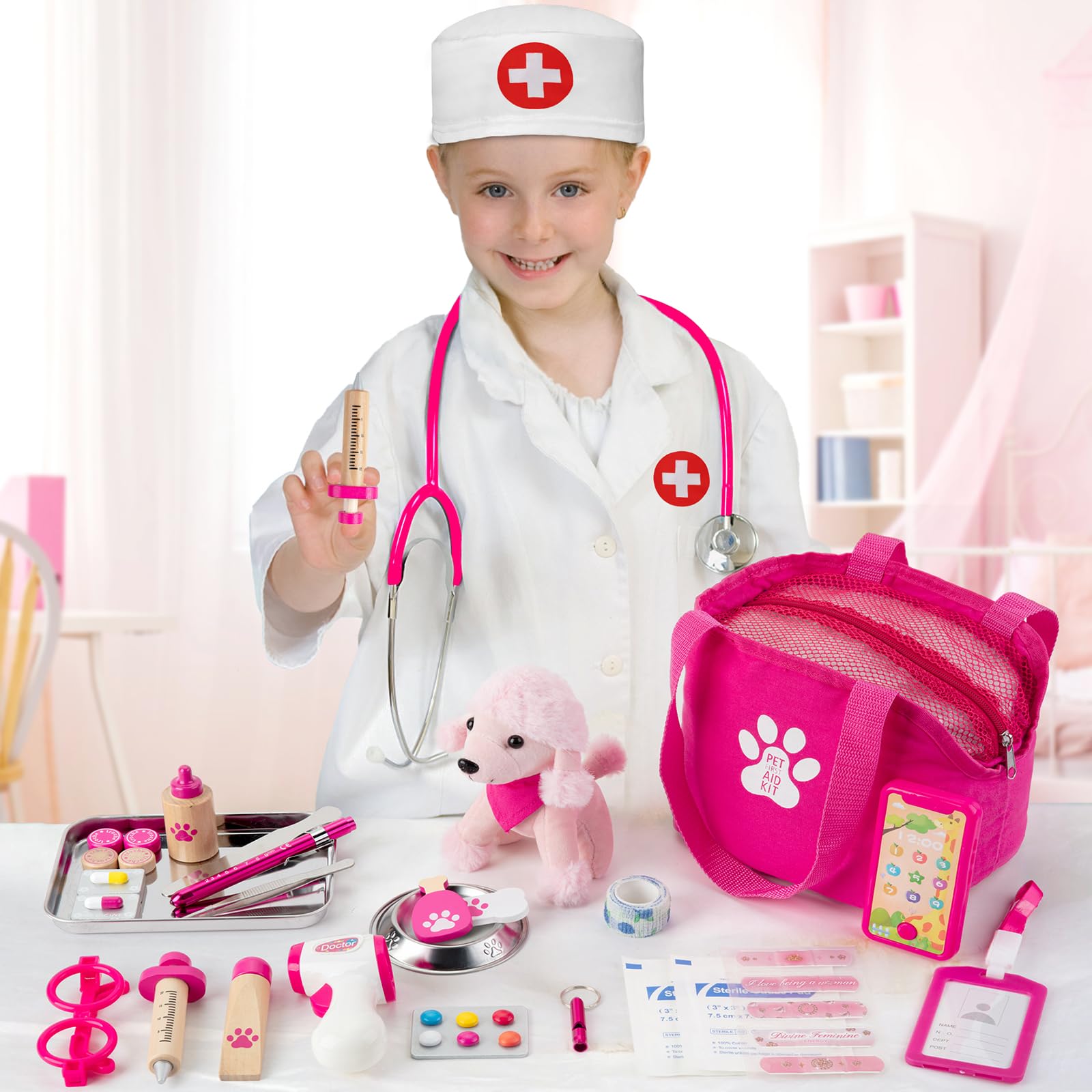 EFO SHM kids doctor set featuring a stethoscope, doctor costume, plush dog, and medical tools for imaginative role play.
