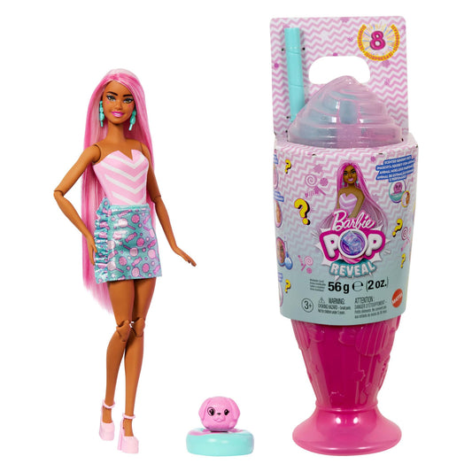 Barbie Pop Reveal Fashion Doll set with Sweet Swirl theme, 8 surprises, color change, and pet accessories displayed.